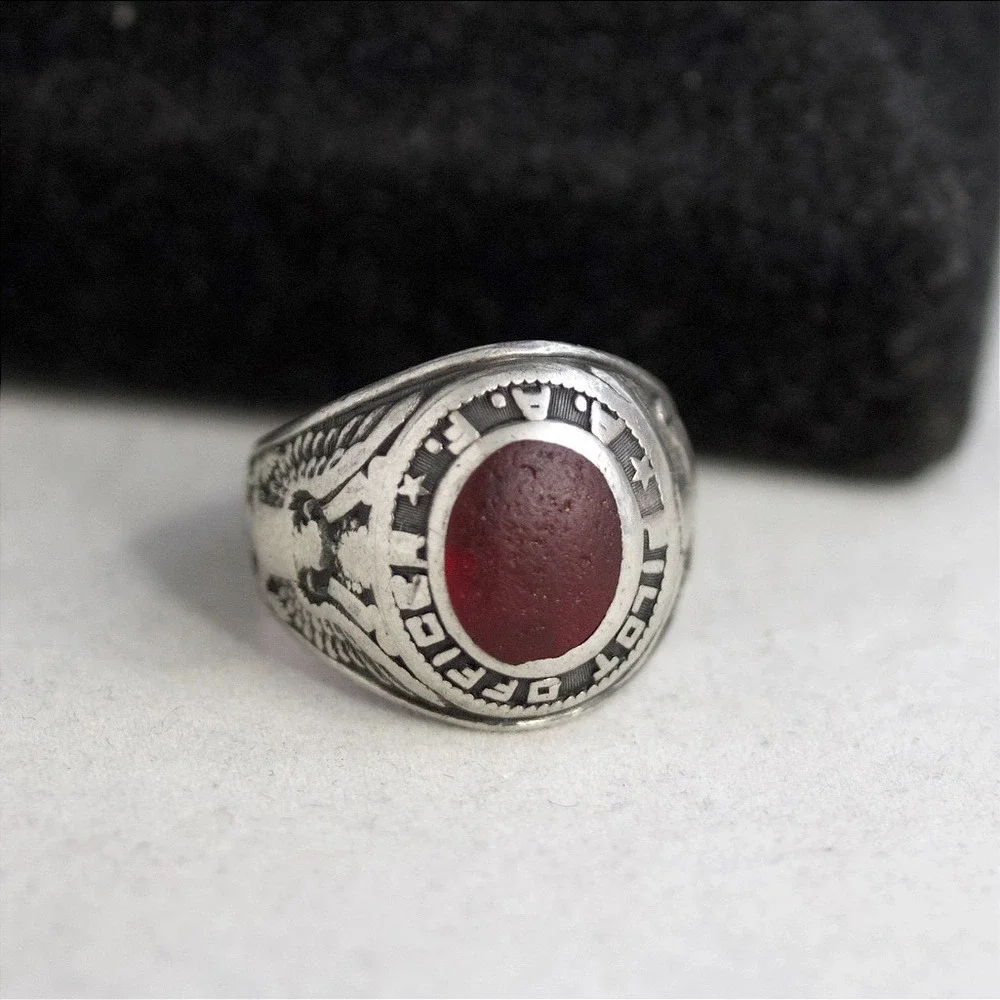 Vintage AAF Pilot Officer Sterling Silver Red Stone Signet Ring HJ Size 9.5